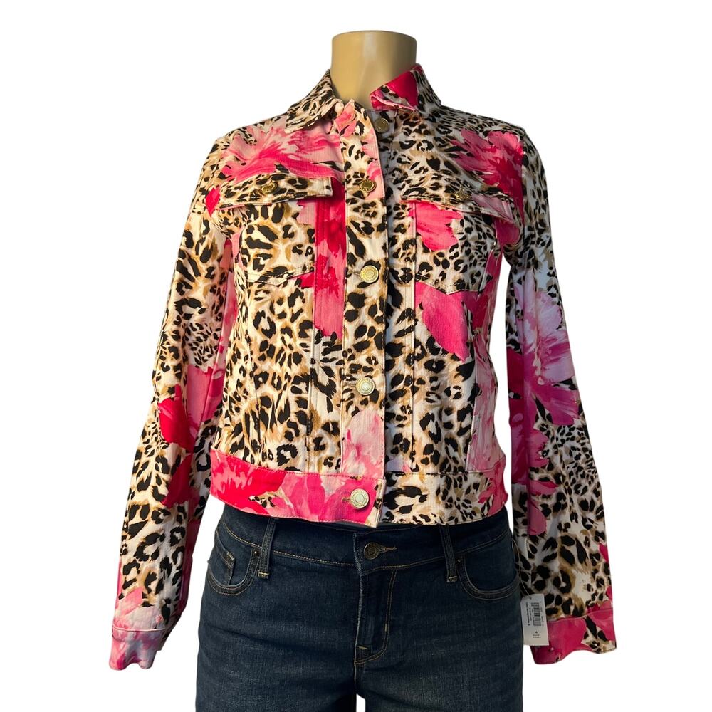 Boston Proper Cheetah Blooms Print Denim Jacket Size XS
